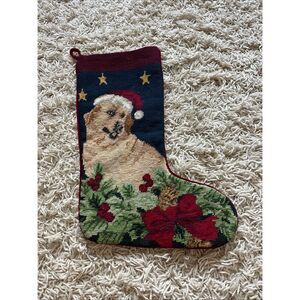 Needlepoint Embroidered Wool Christmas Stocking Golden Retriever Dog